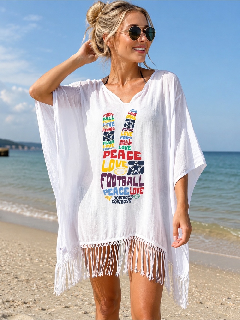 NFL Dallas Cowboys Peace Love Football Fringe Cover Up Poncho One Size NWT